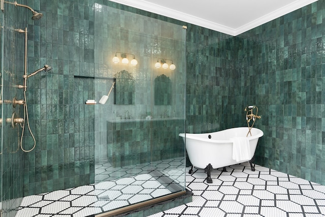 bathroom featuring tile walls, tile patterned flooring, shower with separate bathtub, and crown molding