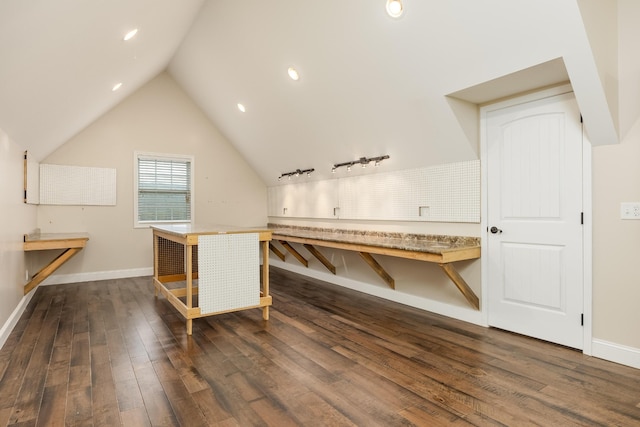 unfurnished office featuring lofted ceiling and dark hardwood / wood-style floors