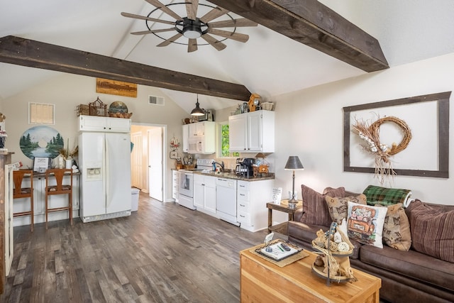 living room with vaulted ceiling with beams, dark hardwood / wood-style floors, and ceiling fan