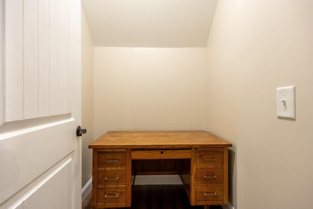 home office with hardwood / wood-style flooring