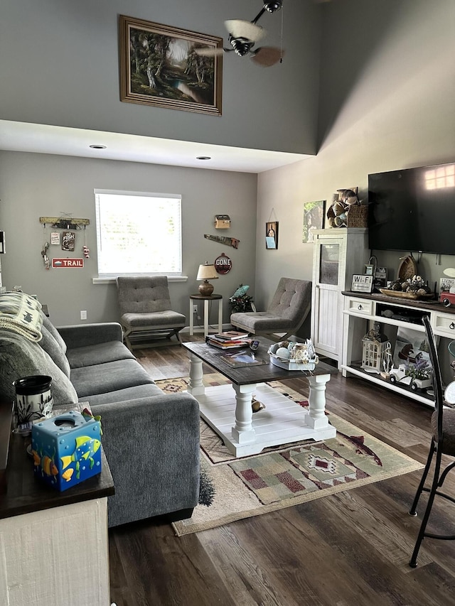 living room featuring dark wood-type flooring