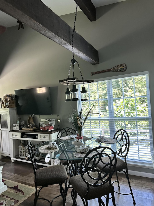 dining room featuring beamed ceiling, an inviting chandelier, and dark hardwood / wood-style floors