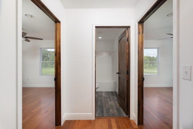 hall with a wealth of natural light and hardwood / wood-style floors