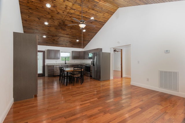 kitchen with wood ceiling, high vaulted ceiling, stainless steel appliances, hardwood / wood-style floors, and ceiling fan