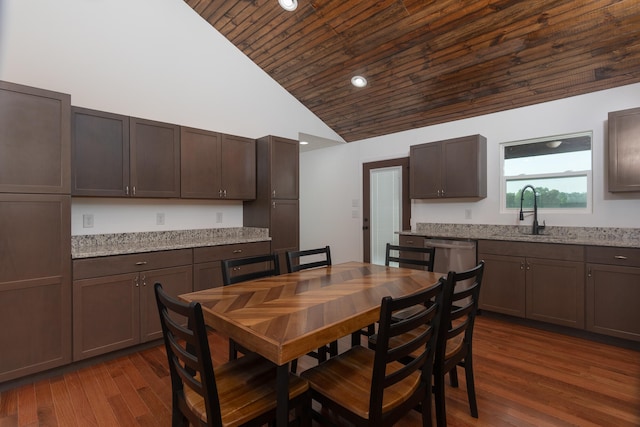 dining room with high vaulted ceiling, wooden ceiling, dark hardwood / wood-style floors, and sink