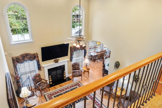 living room featuring ceiling fan, a high end fireplace, and hardwood / wood-style flooring