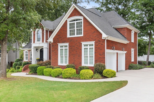 traditional-style home featuring a front yard, a shingled roof, a garage, concrete driveway, and brick siding