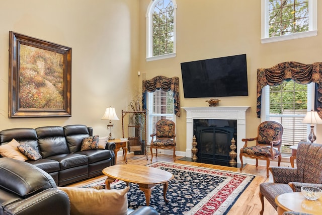 living room with hardwood / wood-style flooring, plenty of natural light, and a high ceiling