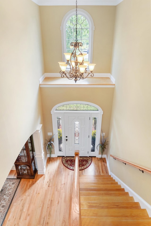 foyer entrance with an inviting chandelier and wood-type flooring