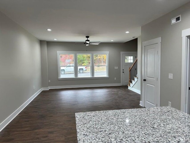 1342 Unity Dr NE Lot 19B, Cleveland, TN 37312 - unfurnished dining area featuring a ceiling fan, dark wood-type flooring, stairs, baseboards, and recessed lighting