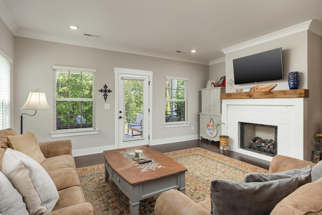 living room with wood-type flooring, a fireplace, and ornamental molding