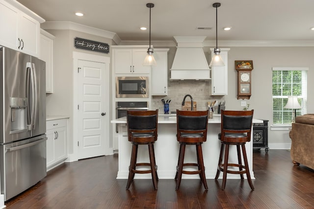 kitchen with pendant lighting, custom exhaust hood, stainless steel appliances, and dark hardwood / wood-style floors