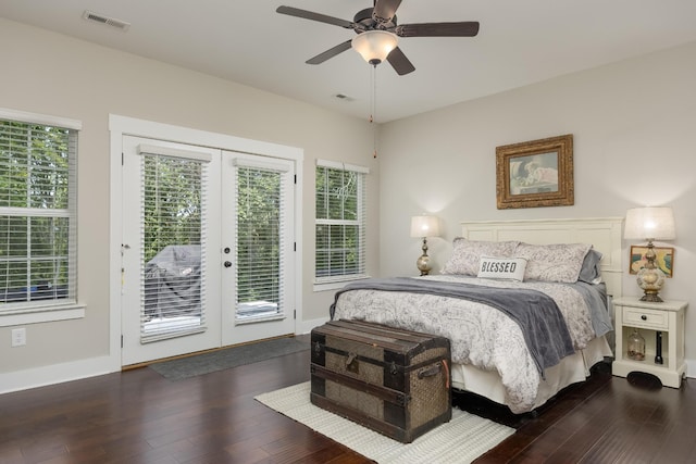 bedroom featuring access to outside, french doors, dark hardwood / wood-style flooring, and ceiling fan