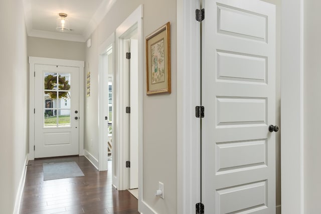 foyer entrance with ornamental molding and dark wood-type flooring