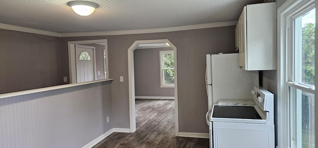 kitchen with white cabinets, ornamental molding, washer / clothes dryer, dark hardwood / wood-style floors, and white stove