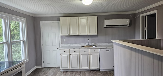 bar with ornamental molding, sink, dishwasher, dark hardwood / wood-style floors, and an AC wall unit