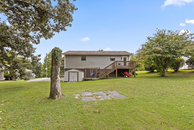 exterior space with a storage shed and a wooden deck