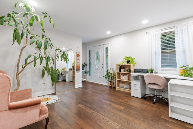 office space featuring dark wood-type flooring