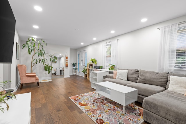 living room with a healthy amount of sunlight and dark hardwood / wood-style floors