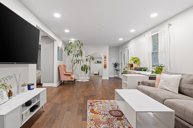 living room with dark hardwood / wood-style flooring