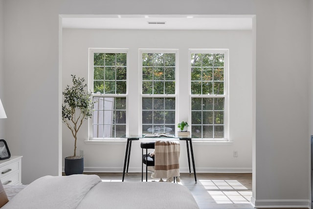 bedroom featuring light hardwood / wood-style floors and multiple windows