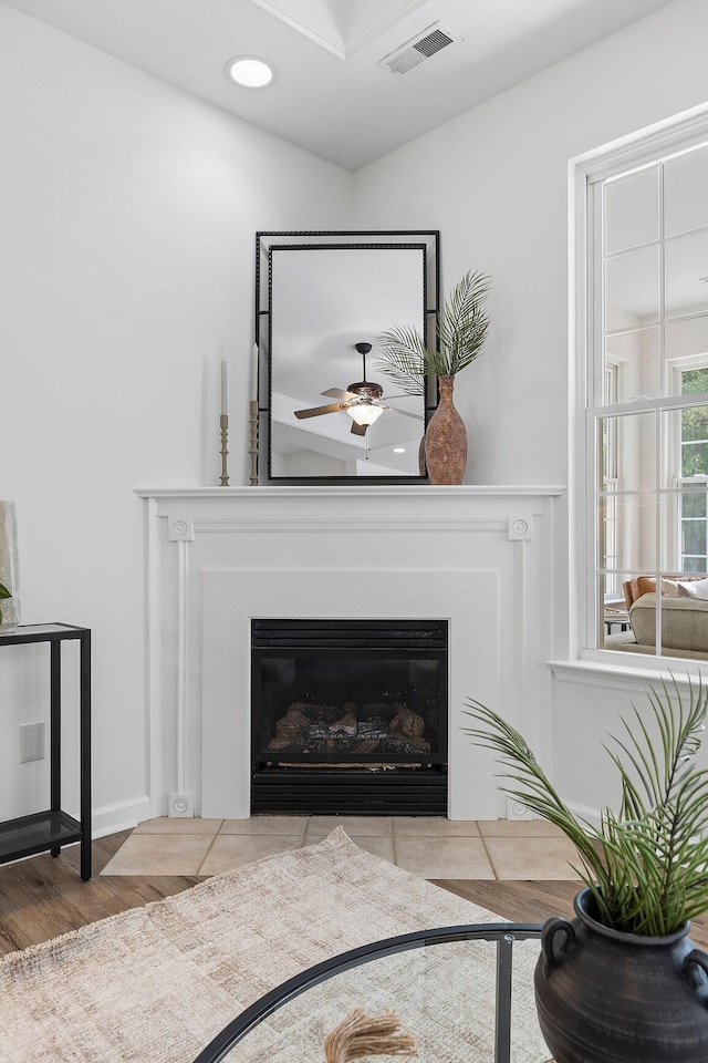 living room featuring ceiling fan and wood-type flooring