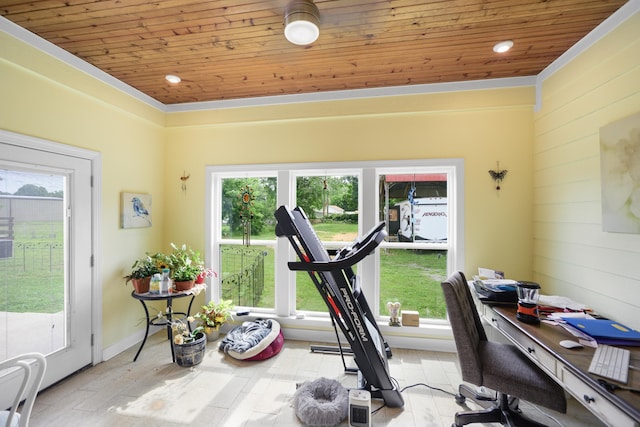 exercise area featuring a wealth of natural light and wood ceiling