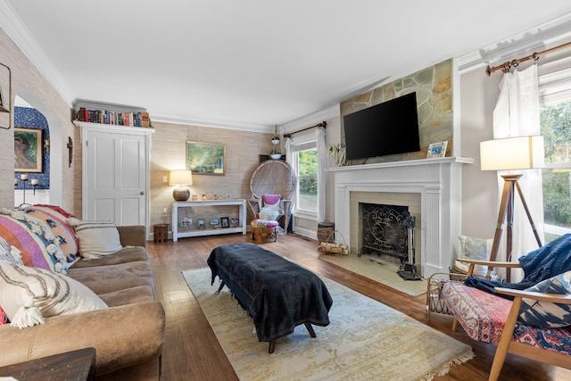 living room with ornamental molding, a large fireplace, and hardwood / wood-style floors