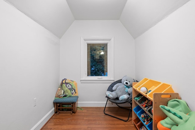 playroom featuring hardwood / wood-style flooring and lofted ceiling