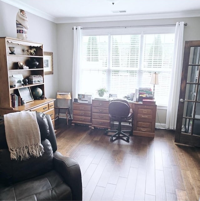 office area featuring crown molding and dark wood-type flooring