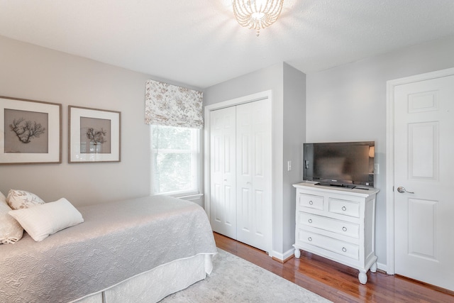 bedroom with a closet and hardwood / wood-style flooring