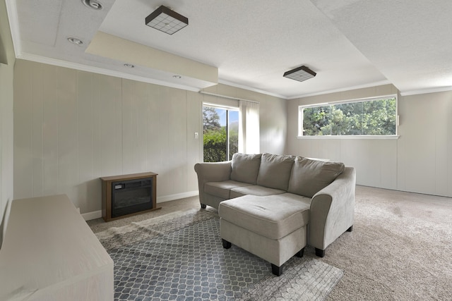 living room featuring carpet, a textured ceiling, and crown molding