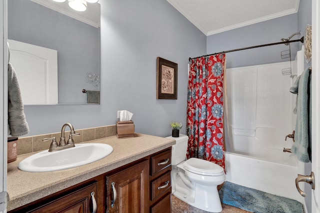 full bathroom with shower / bath combination with curtain, ornamental molding, vanity, and toilet