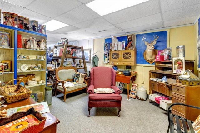 living area with a paneled ceiling and carpet flooring