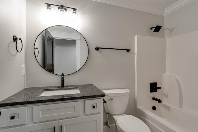 full bathroom with vanity,  shower combination, toilet, and ornamental molding