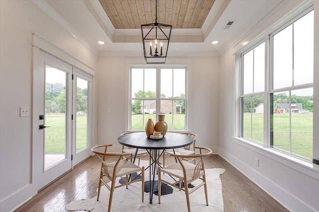 105 Arthur Ln, Cleveland, TN 37312 - dining area featuring a raised ceiling, wood finished floors, ornamental molding, a chandelier, and wooden ceiling