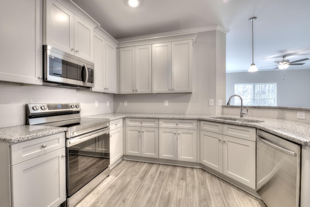 kitchen with pendant lighting, stainless steel appliances, ceiling fan, light hardwood / wood-style flooring, and sink