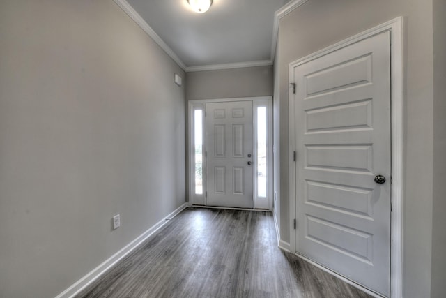 foyer entrance featuring crown molding and dark hardwood / wood-style flooring