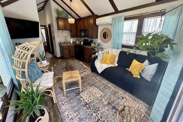 living room with wood-type flooring, lofted ceiling with beams, sink, and a wall unit AC