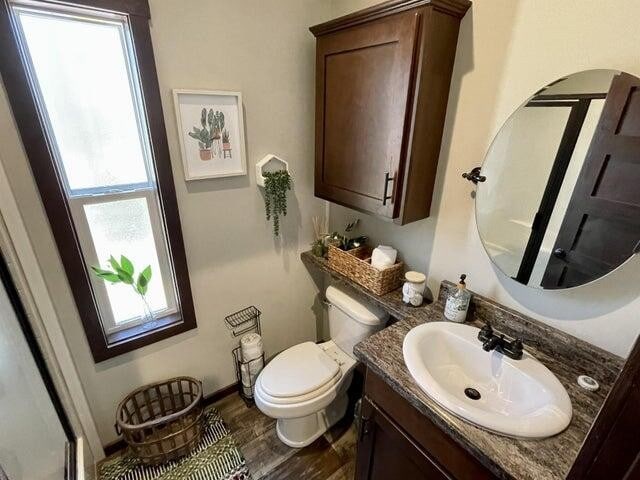 bathroom with hardwood / wood-style floors, plenty of natural light, vanity, and toilet