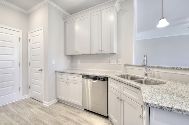 kitchen with white cabinets, dishwasher, light hardwood / wood-style floors, and sink