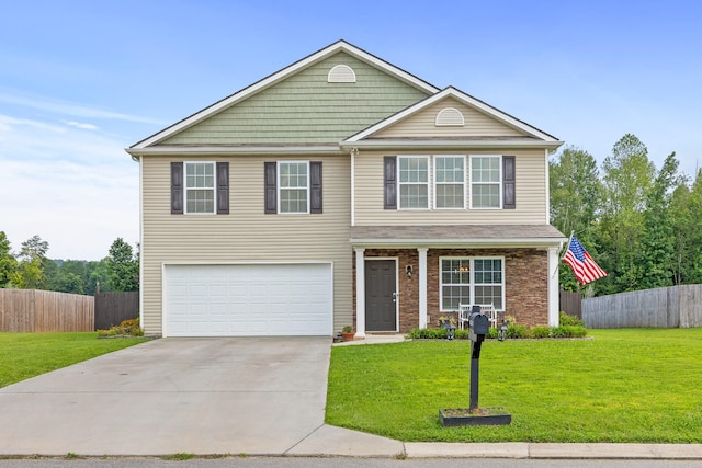 front facade with a front yard and a garage