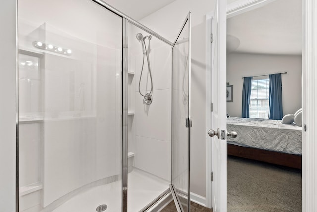 bathroom with vaulted ceiling and a shower with door