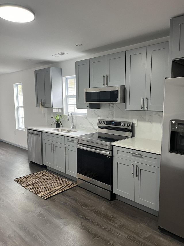 2008 Foust St, Chattanooga, TN 37407 - kitchen with appliances with stainless steel finishes, gray cabinets, backsplash, and dark wood-style flooring