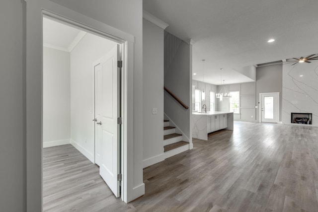 interior space with a notable chandelier, light hardwood / wood-style flooring, ornamental molding, and sink