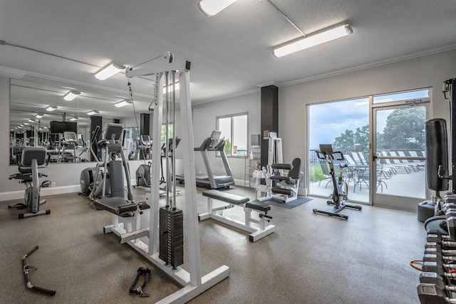 exercise room featuring a wealth of natural light, crown molding, a textured ceiling, and baseboards