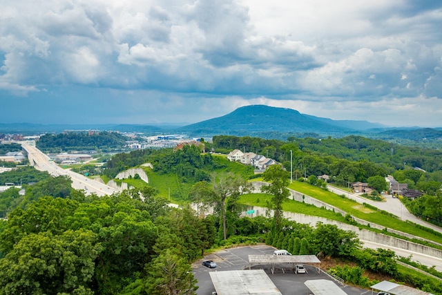 drone / aerial view featuring a mountain view