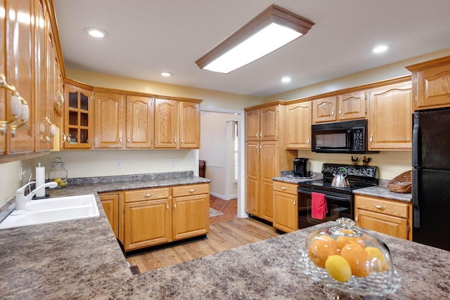 kitchen with sink, light hardwood / wood-style floors, and black appliances