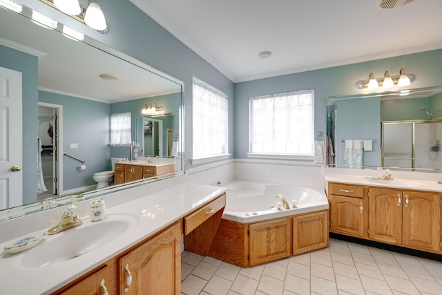 full bathroom with vanity, crown molding, tile patterned flooring, plus walk in shower, and toilet