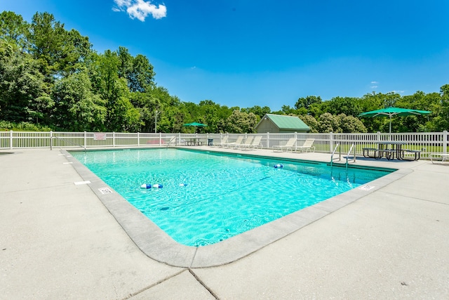 view of swimming pool with a patio